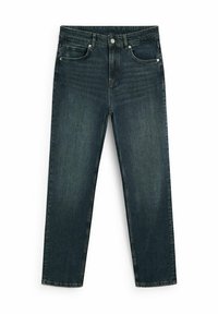 Dark blue straight-leg jeans with front pockets, belt loops, button closure, and a slightly faded finish.