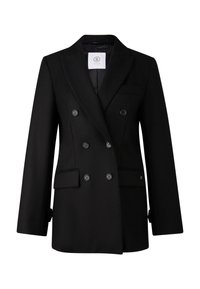 Black double-breasted blazer made of smooth fabric with two front pockets and black buttons. Features a notched lapel and branding inside.