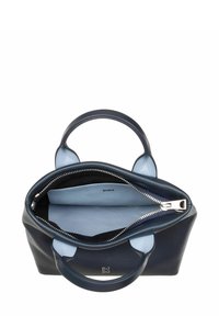 Borsa a mano in pelle blu navy con dettagli azzurri chiari, doppi manici superiori, zip argentata e un comparto principale che presenta una pochette blu più piccola.