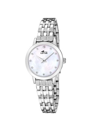 Srebrna zapestna ura Lotus z okroglim številčnico iz peresnika, kristalnimi kazalci ur in povezanim kovinskim paščkom.