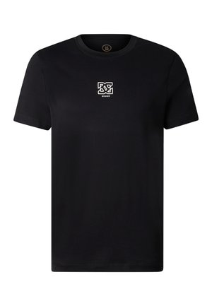 Schwarzes T-Shirt mit kurzen Ärmeln und Rundhalsausschnitt, mit weißem geometrischem Logo und dem Schriftzug "BOGNER" mittig auf der Brust.