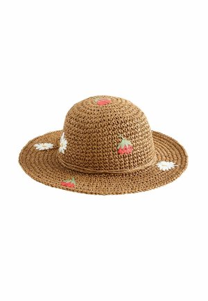 Chapeau de soleil tressé marron avec large bord, décoré de fleurs rouges brodées et de marguerites blanches.