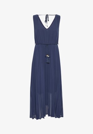 Tamsiai mėlyna, be rankovių suknelė, pagaminta iš lengvos medžiagos. turi V formos iškirpę, susiaurintą liemenį su virvele ir pūkuotais akcentais.