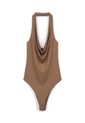 Maillot de bain une pièce marron avec un décolleté plongeant et un dos ouvert. Fabriqué en tissu lisse et extensible, il présente une coupe haute sur les jambes.