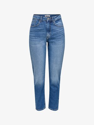 Sinised kõrge vöökohaga sirge lõikega teksad esikülje ja tagataskutega, nööpkinnitusega ning kergelt pleekinud reite ja põlvede piirkonnas.