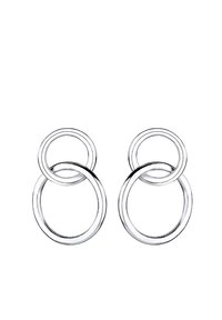 Pendientes de plata con diseños circulares entrelazados de diferentes tamaños. Textura suave con un acabado pulido, creando un aspecto moderno.