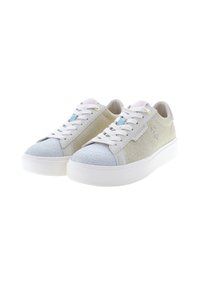 Glittery sneakers with a light grey upper, white sole, and color-blocked accents in gold and blue. Features white laces and logo detail.