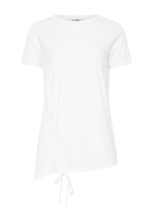 Weißes T-Shirt mit kurzen Ärmeln, Rundhalsausschnitt und seitlichen Raffungselementen. Mit einem Zugband am Saum für eine anpassbare Passform. Aus weichem Baumwollmaterial.