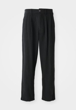 Black linen trousers with a straight-leg design, featuring a single button closure, pleats at the front, and side pockets.