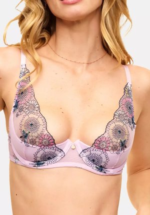 Lace-trimmed bralette in pale purple with floral embroidery in pink and blue. Features a V-neckline and decorative center gem accent.