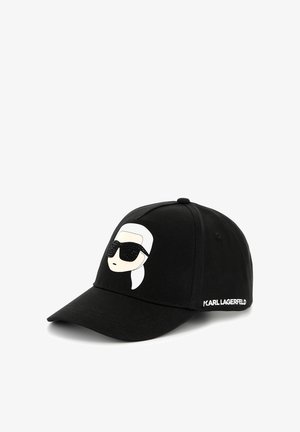 Boné preto de beisebol com um gráfico de um rosto com óculos de sol, feito de algodão, com "KARL LAGERFELD" bordado em branco na lateral.