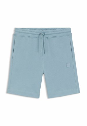 Hellblaue Shorts mit Kordelzug, elastischem Bund, Seitentaschen und einem kleinen quadratischen Markenlogo am rechten Oberschenkel.