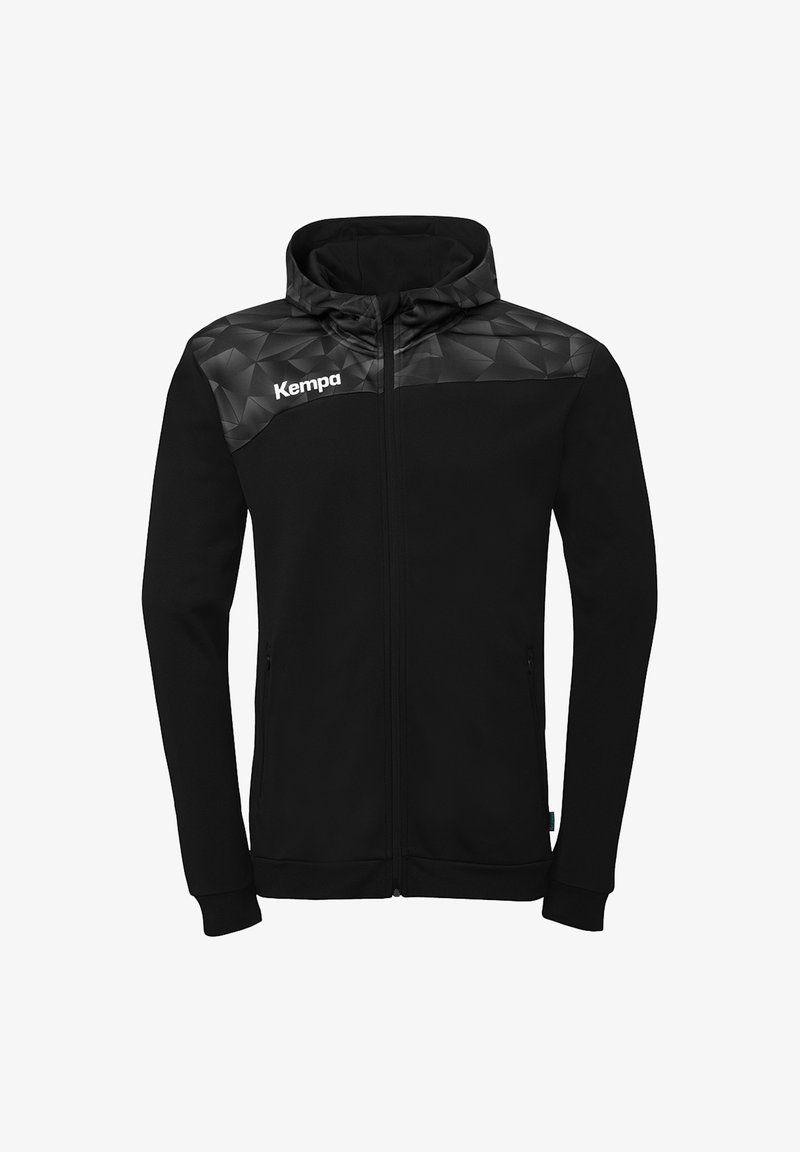 Sort fuld lynlåsjakke med hætte, geometrisk mønster på skuldrene og hvid "Kempa"-logo på venstre bryst.