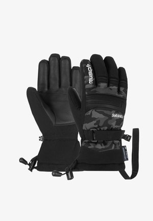 Black and gray gloves with a camo pattern, leather palms, reinforced seams, elastic cuffs, and adjustable drawstrings for a secure fit.