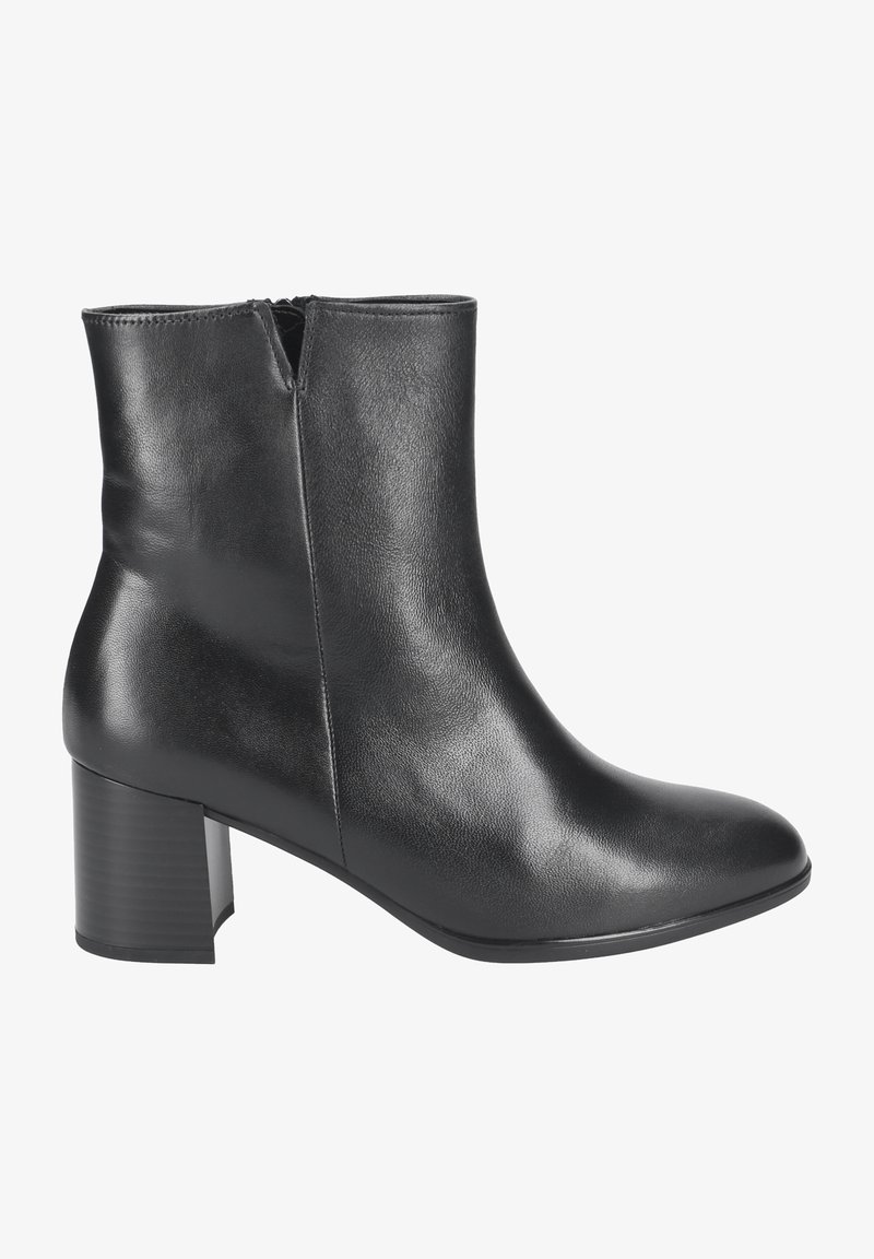 Schwarze Leder-Ankle-Boots mit glatter Oberfläche, runder Spitze und mittelhohem Blockabsatz. Verfügt über einen seitlichen Reißverschluss für einfaches An- und Ausziehen.