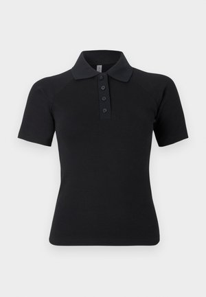 Polo noir à manches courtes, col côtelé et patte à cinq boutons. Tissu lisse et extensible.