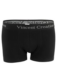 Black men's boxer briefs with gray elastic waistband featuring "Vincent Creation" text.