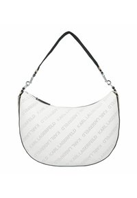 Borsa hobo bianca con motivo a logo impresso, bordi neri e tracolla nera con dettagli in metallo argentato. Materiale liscio e resistente.