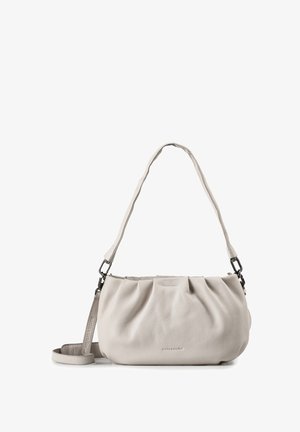 Soft textured light beige handbag with gathered detailing, curved single shoulder strap, and detachable longer crossbody strap.