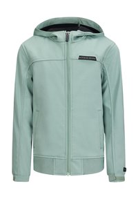 Groene hoodie-jack gemaakt van gladde stof, met een rits aan de voorkant, zijzakken en een logopatch op de borst. Het ontwerp is eenvoudig en modern.