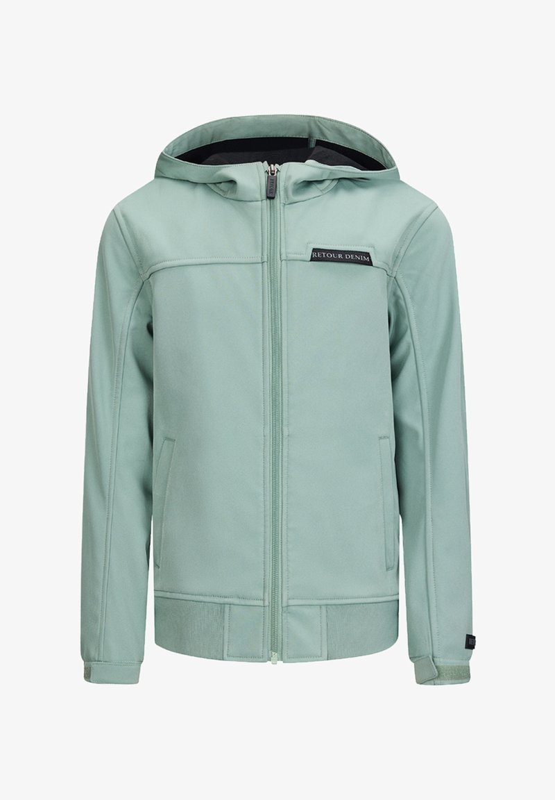 Grüne Kapuzenjacke aus glattem Stoff, mit einem Frontreißverschluss, Seitentaschen und einem Logopatch auf der Brust. Das Design ist schlicht und modern.