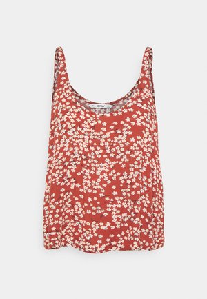 Rustfarvet ærmeløs top med hvidt og gult lille blomsterprint, rund halsudskæring og afslappet pasform.