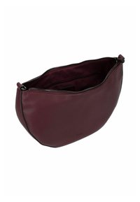 Burgunderfarbene Lederhandtasche mit glatter Oberfläche, ovaler Form und schwarzem Reißverschluss. Innenausstattung mit dunkler Fütterung und mehreren Fächern.