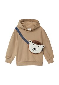 Beige Kapuzenpullover mit einem blauen diagonalen Streifen und einer plüschigen Eisbären-Tasche, mit Reißverschluss und gestickten Details.