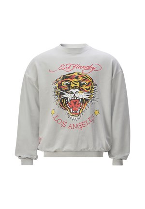 Sudadera gris con un gran gráfico colorido de un tigre en el frente, con "ED HARDY" y "LOS ÁNGELES" impresos en rojo. Mangas largas.