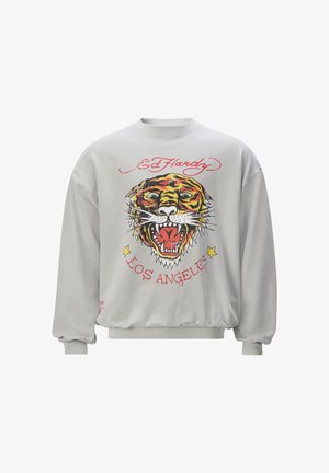 Grå sweatshirt med et stort farverigt tiger grafik på forsiden, med "ED HARDY" og "LOS ANGELES" trykt i rød. Lange ærmer.