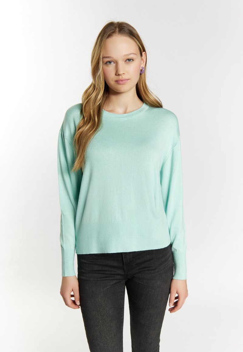 Licht mintgroen sweater gemaakt van een zachte stof, met een ronde hals, lange mouwen en een comfortabele pasvorm. Gcombinaat met donkergrijze jeans.