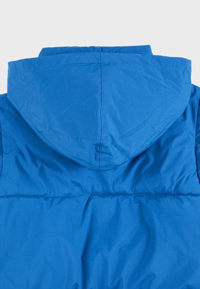 Modrá pufová bunda s kapucňou, s hladkým povrchom a viditeľnými švami. Zadný pohľad ukazuje minimalistický dizajn bez ďalších detailov.