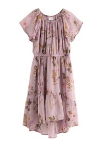 Světle fialové květinové šaty s krátkými volánovými rukávy, elastickým pasem, nařaseným výstřihem a vrstveným asymetrickým lemem.