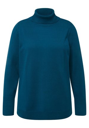 Tyrkysový rolák z měkké pleteniny. Dlouhé rukávy s texturovanými detaily na manžetách a lemu, volný střih, minimalistický design.
