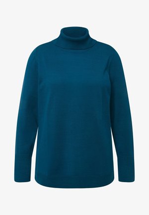 Jersey de cuello alto en color teal, confeccionado en una suave tela de punto. Mangas largas con acentos texturizados en los puños y el dobladillo, corte relajado y diseño minimalista.