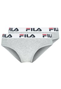 Slip in cotone grigio con un design aderente, caratterizzati da un elastico bianco in vita decorato con il marchio "FILA" in nero e rosso.