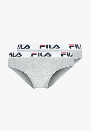 Harmaat puuvillabriiffit, joissa on muotoiltu malli, valkoisella joustavalla vyötärönauhalla, joka on koristeltu mustalla ja punaisella "FILA" -brändäyksellä.