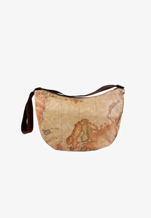Borsa con tracolla regolabile marrone, caratterizzata da una stampa di una mappa vintage del Nord Europa, inclusi Scandinavia e regione baltica.