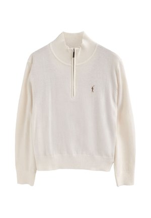 Jersey blanco de punto con un alto cuello y cremallera de un cuarto, con puños y dobladillo acanalados. Pequeño logo en el lado izquierdo del pecho en marrón.