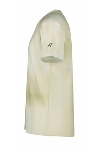 Hellbeiges Sportshirt aus strukturiertem Stoff. Kurzärmlig, Rundhalsausschnitt, mit kleinem "R"-Logo auf dem linken Ärmel.