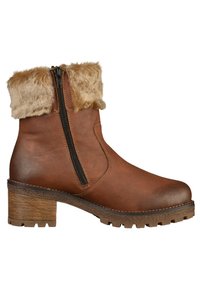 Bottine en cuir marron avec un revers en fausse fourrure, fermeture éclair sur le côté, petit talon carré et semelle en caoutchouc robuste.