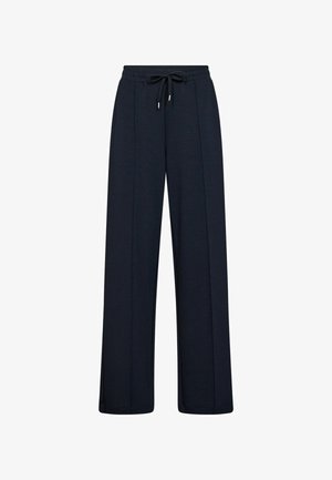 Navy blue wide-leg pants made from soft material, featuring an elastic waistband with drawstring, and subtle pleats for added detail.