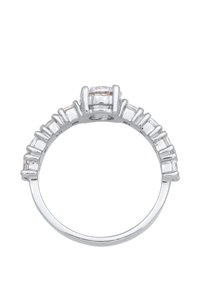 Silver ring featuring a central rectangular stone with smaller rectangular accents, showcasing a polished finish and sleek design.