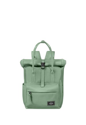 Mint green roll-top backpack with front zip pocket, black buckle strap, and two top handles, shown on white background.