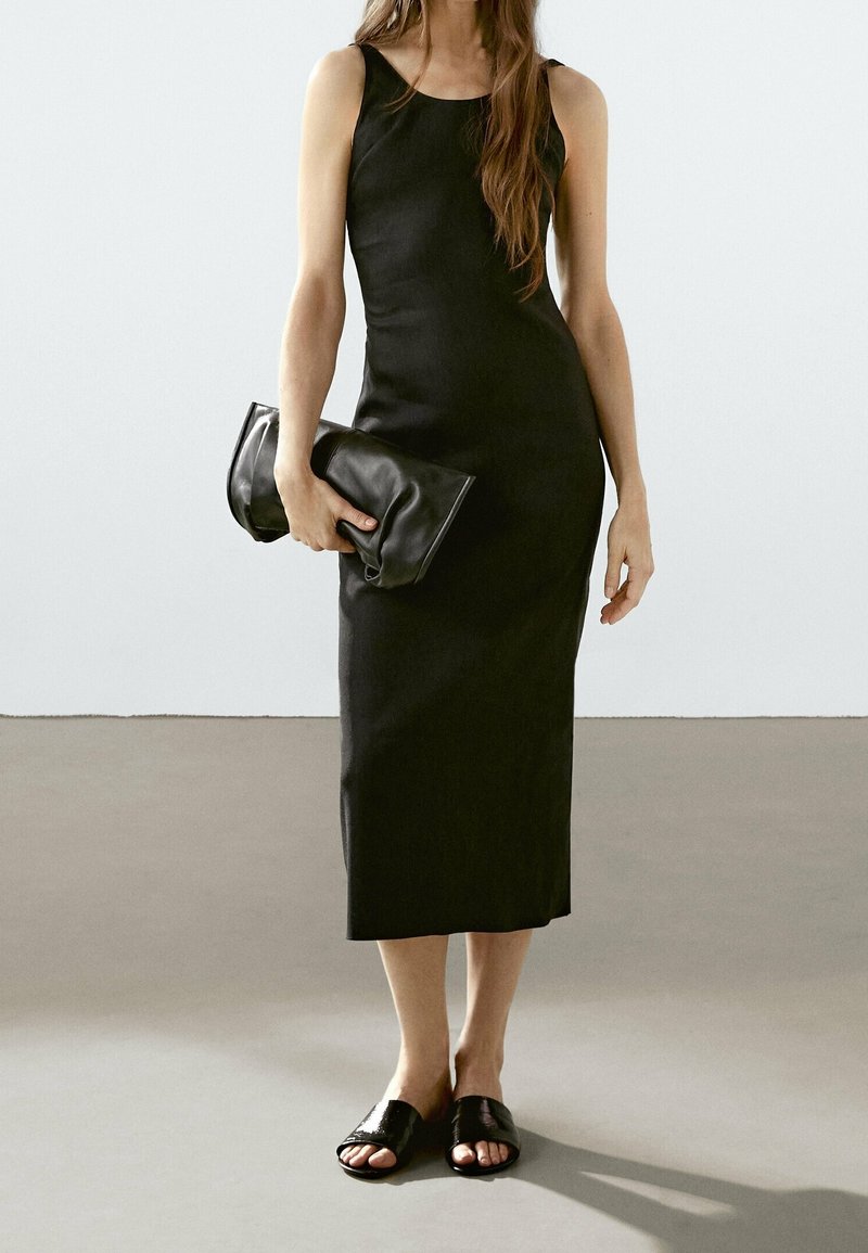 massimo dutti black midi dress Massimo Dutti Black Midi Dress With Side Button Detail