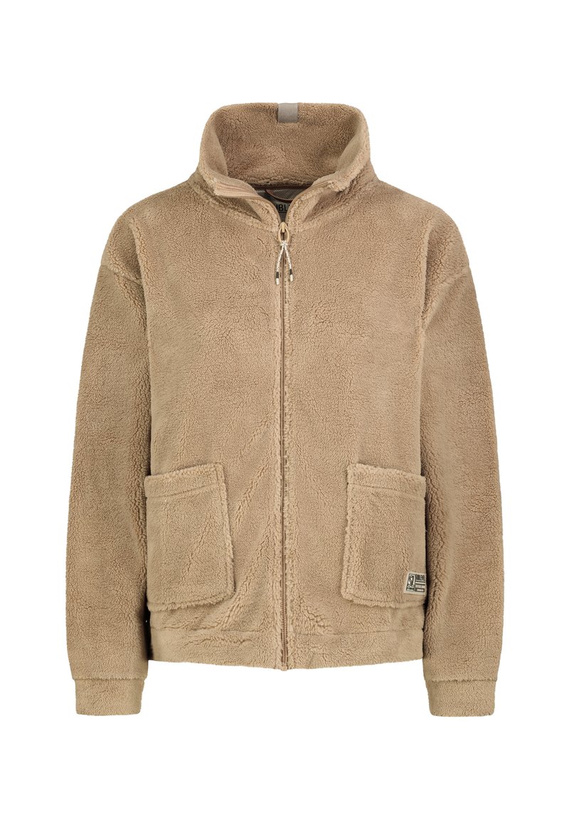 Beige Fleecejacke mit hohem Kragen, Reißverschluss und zwei aufgesetzten vorderen Taschen. Strukturierter Stoff mit weichem, gemütlichem Aussehen.