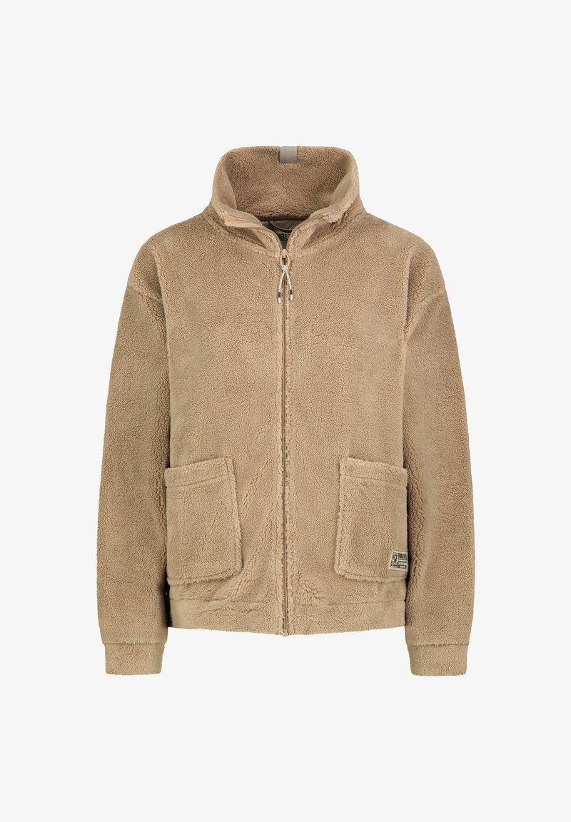 Beige Fleecejacke mit hohem Kragen, Reißverschluss und zwei aufgesetzten vorderen Taschen. Strukturierter Stoff mit weichem, gemütlichem Aussehen.