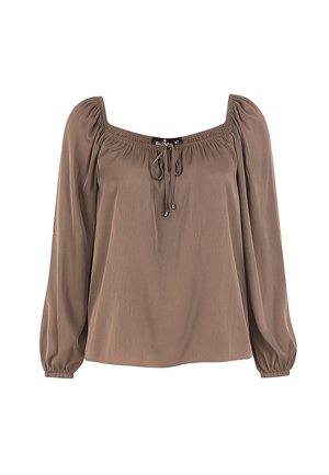 Brązowa, lekką bluzka z kwadratowym dekoltem, wiązaniem na sznurki i długimi bufkami. Gładka tekstura z marszczeniami.