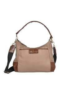 Bolso de hombro de tela beige con base y correa de cuero con relieve de cocodrilo en marrón, que presenta una placa de logo en tono dorado y una correa desmontable de nylon negro.