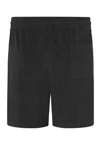 Black terry cloth shorts with an elastic waistband, featuring a single rear pocket and a textured surface. Simple and versatile design.